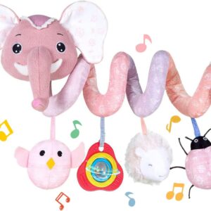 Newborn Car Seat Toys, Stroller Toys for Babyies 0-6 Months,Infant Activity Spiral Plush Toys Hanging - Carseat Stroller Crib with Musical Rattle Toy for Boys Girls 0 3 6 9 Months