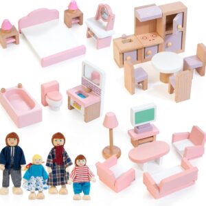 Wooden Dollhouse Furniture Set with 4 Family Dolls, 26 Pcs Pretend Play Dollhouse Accessories for 4 Rooms, Pink Furniture Toys Birthday Gifts for Girls Boys Age 3+