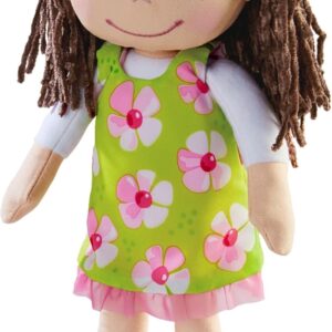 Soft Baby Doll, Brown Hair, Embroidered Face, Removable Green Dress, Matching Headband - Machine Washable, Suitable for Toddlers 18 Months and Up