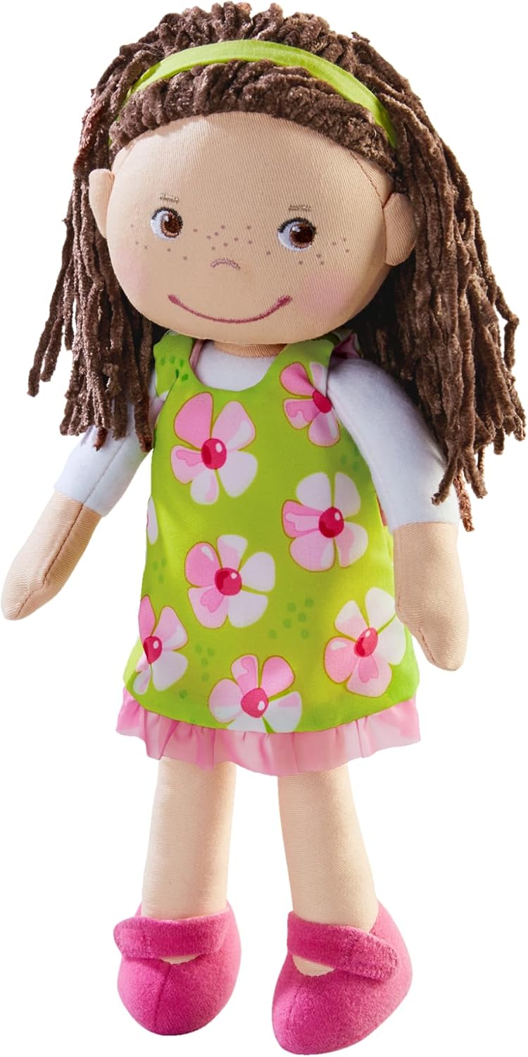 Soft Baby Doll, Brown Hair, Embroidered Face, Removable Green Dress, Matching Headband – Machine Washable, Suitable for Toddlers 18 Months and Up