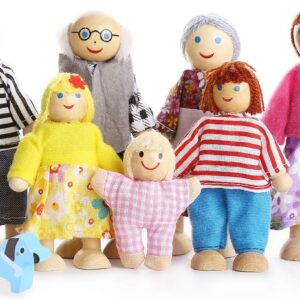 Lovely Happy Family Dolls Playset Wooden Figures Set of 7 People with Dog for Kids Children Toddlers Dollhouse Pretend Gift