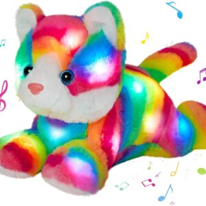 13" Light up Musical Rainbow Cat Stuffed Animal,LED Night Light Glowing Singing Snuggle Kitty Plush Toy Glow in The Dark,Christmas Birthday Gifts for Toddlers Kids Children