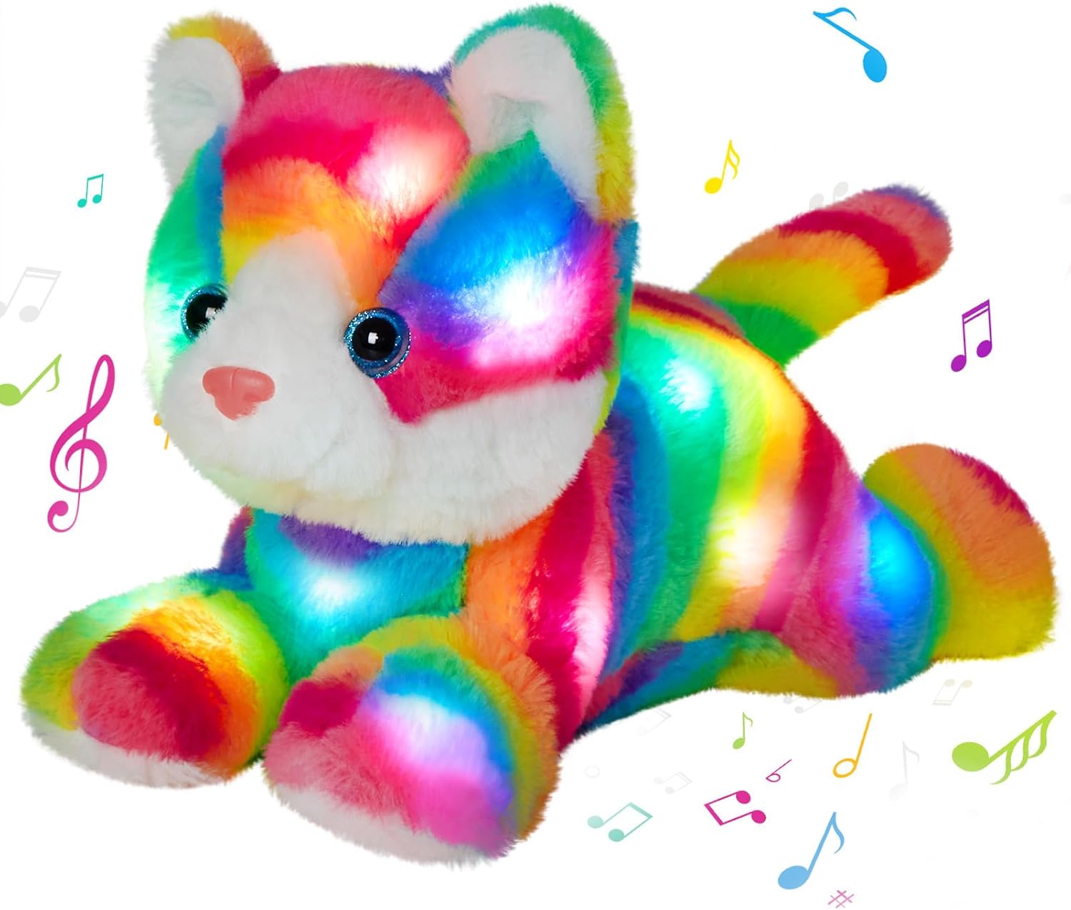 13″ Light up Musical Rainbow Cat Stuffed Animal,LED Night Light Glowing Singing Snuggle Kitty Plush Toy Glow in The Dark,Christmas Birthday Gifts for Toddlers Kids Children