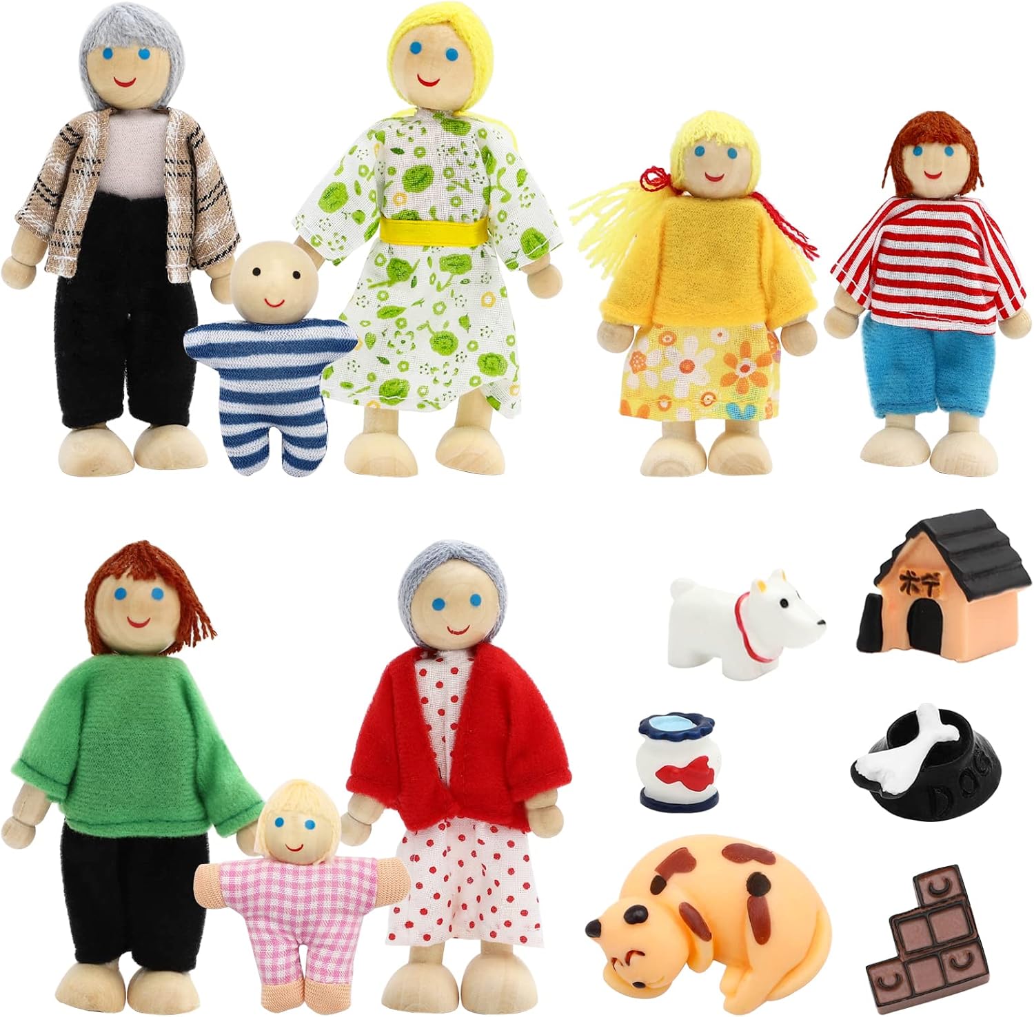 14 Pieces Wooden Dollhouse Family Set Mini People Figures Sets Dollhouse Dolls Wooden Doll Family Pretend Play Figures Accessories for Pretend Doll House Toy
