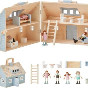 Rustic wooden cottage dollhouse + accessories, suitable for 3.5-inch dolls.