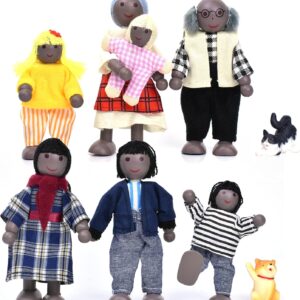 Wooden Dollhouse People of 7 Pcs Family Figures with 2 Pets (Dog and Cat) for Girls Toddler Kids Dollhouse Accessories Toy