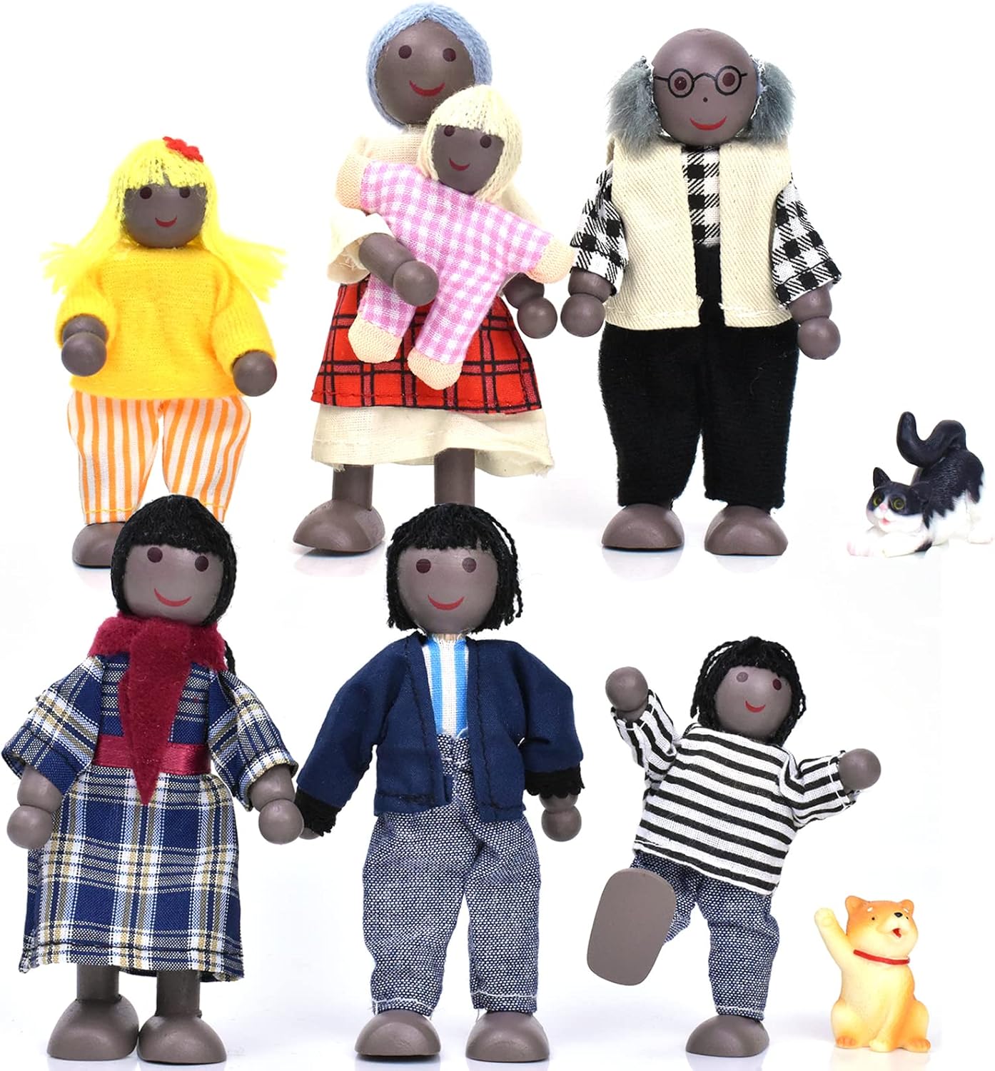 Wooden Dollhouse People of 7 Pcs Family Figures with 2 Pets (Dog and Cat) for Girls Toddler Kids Dollhouse Accessories Toy