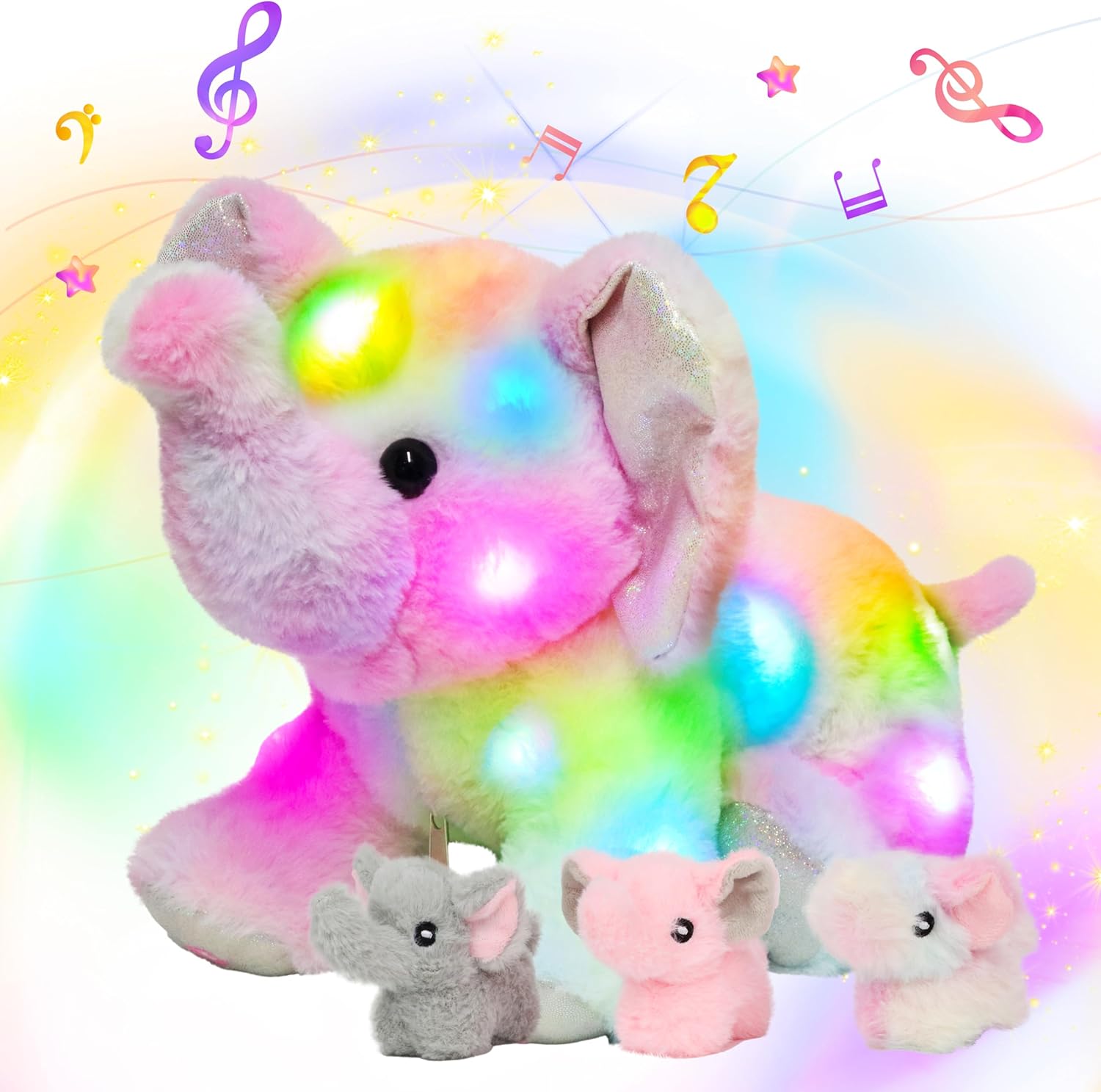 LED Musical Stuffed Colorful Elephant Light up Singing Plush Toy Playset Mommy Elephant with 3 Baby Elephish in her Tummy Adjustable Volume Lullaby Animated Soothe Gifts for Kids, 18”