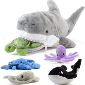 Plush Toy Shark Stuffed Animal with 5 Sea Animals - Shark Plush Toy with Turtle, Whale, Octopus, Stingray, Crab - Giant Stuffed Animals for Kids Aged 3 and Up - Fun Gift for Sea Animal Lovers