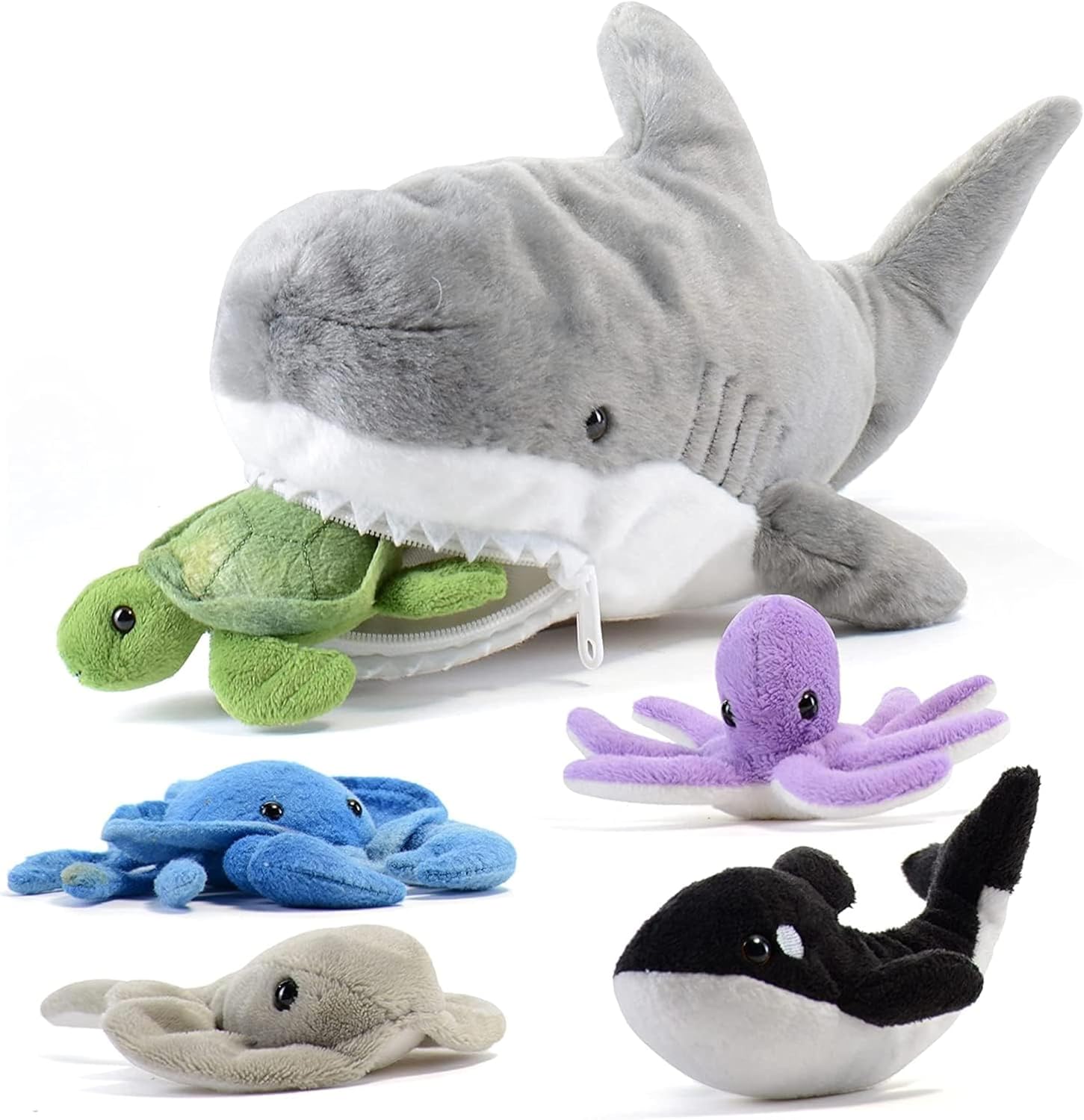 Plush Toy Shark Stuffed Animal with 5 Sea Animals – Shark Plush Toy with Turtle, Whale, Octopus, Stingray, Crab – Giant Stuffed Animals for Kids Aged 3 and Up – Fun Gift for Sea Animal Lovers