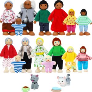 20 Pieces Wooden Dollhouse Family Set Mini People Figures Dog Cat Sets Dollhouse Dolls Wooden Doll Family Pretend Play Figures Accessories for Pretend Doll House Toy