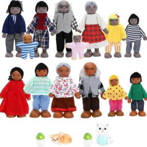 18 Pieces Wooden Dollhouse Family Set Mini People Figures Dog Cat Sets Dollhouse Dolls Wooden Doll Family Pretend Play Figures Accessories for Pretend Doll House Toy