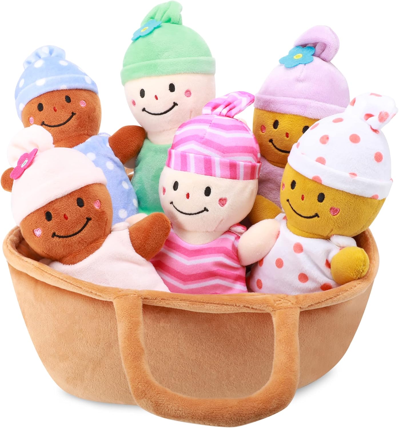Basket Plush Toy Set, Soft Multicultural Sensory Baby Toy Set, 6 Pieces with Interchangeable Clothes, Suitable for All Ages, Easter Gift