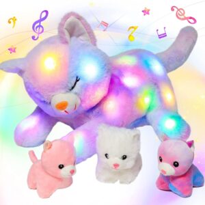 LED Musical Stuffed Cat Lighting Up Singing Plush Toy Playset Mommy Cat with 3 Baby Kittens in her Tummy Lullaby Animated Soothe for Mom Kids Toddler Girls, Rainbow, 18''