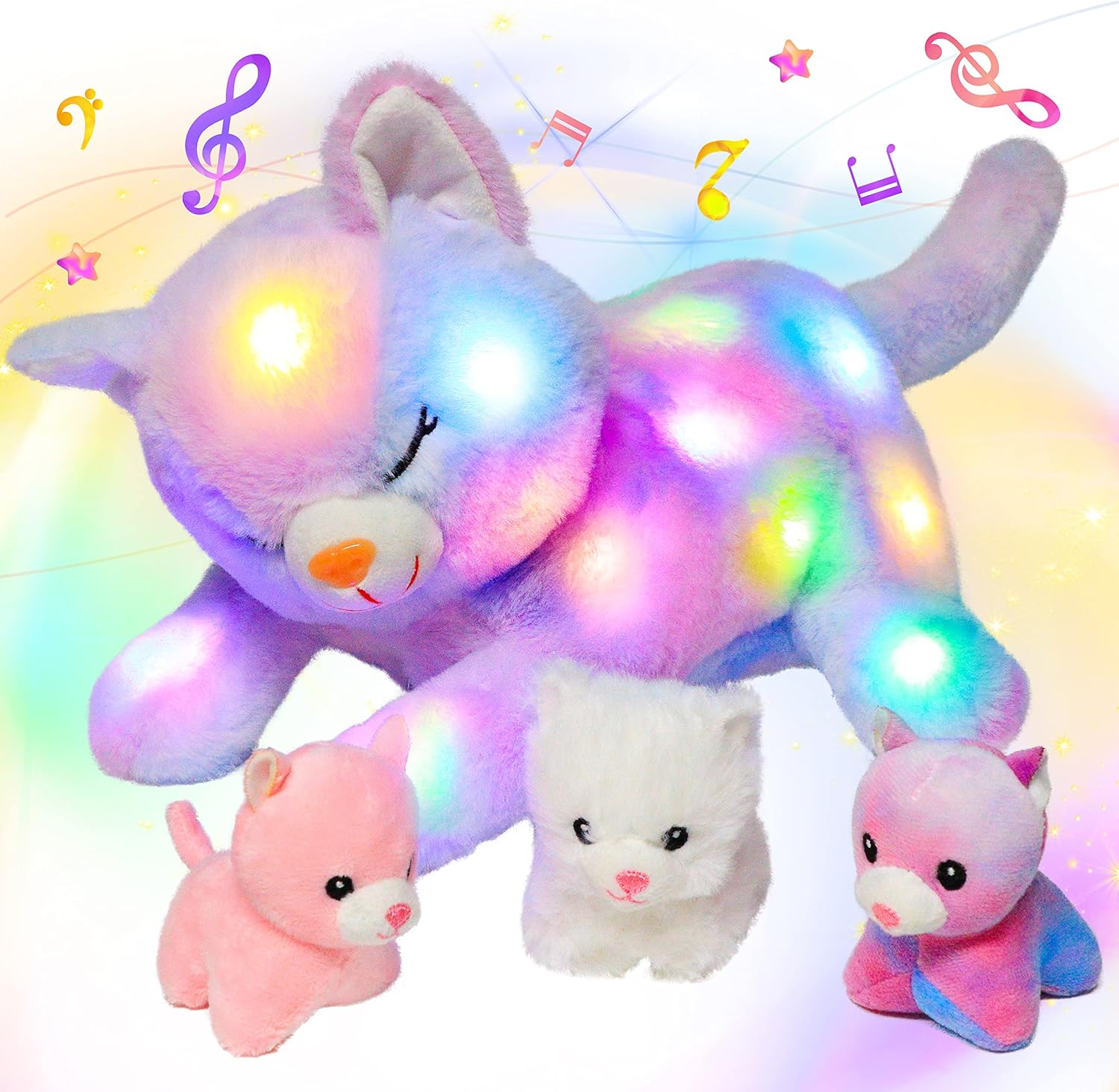 LED Musical Stuffed Cat Lighting Up Singing Plush Toy Playset Mommy Cat with 3 Baby Kittens in her Tummy Lullaby Animated Soothe for Mom Kids Toddler Girls, Rainbow, 18''